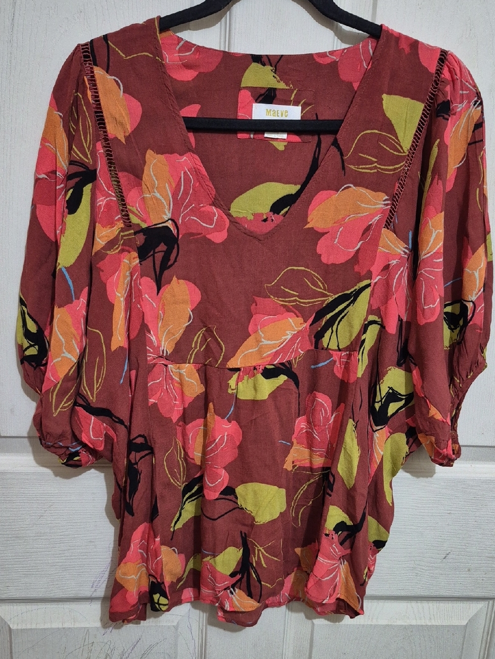 Maeve Coral & Olive Floral V-Neck Tunic